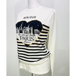 Attitude Paris france sweater stripes bonjour novelty print casual women M